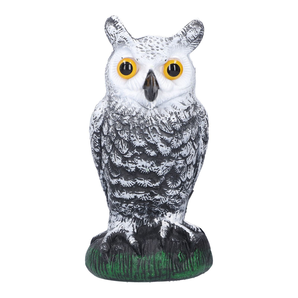 Plastic hunting fake owl decoy for outdoor gardens and yards, used as pest deterrent and bird repeller.