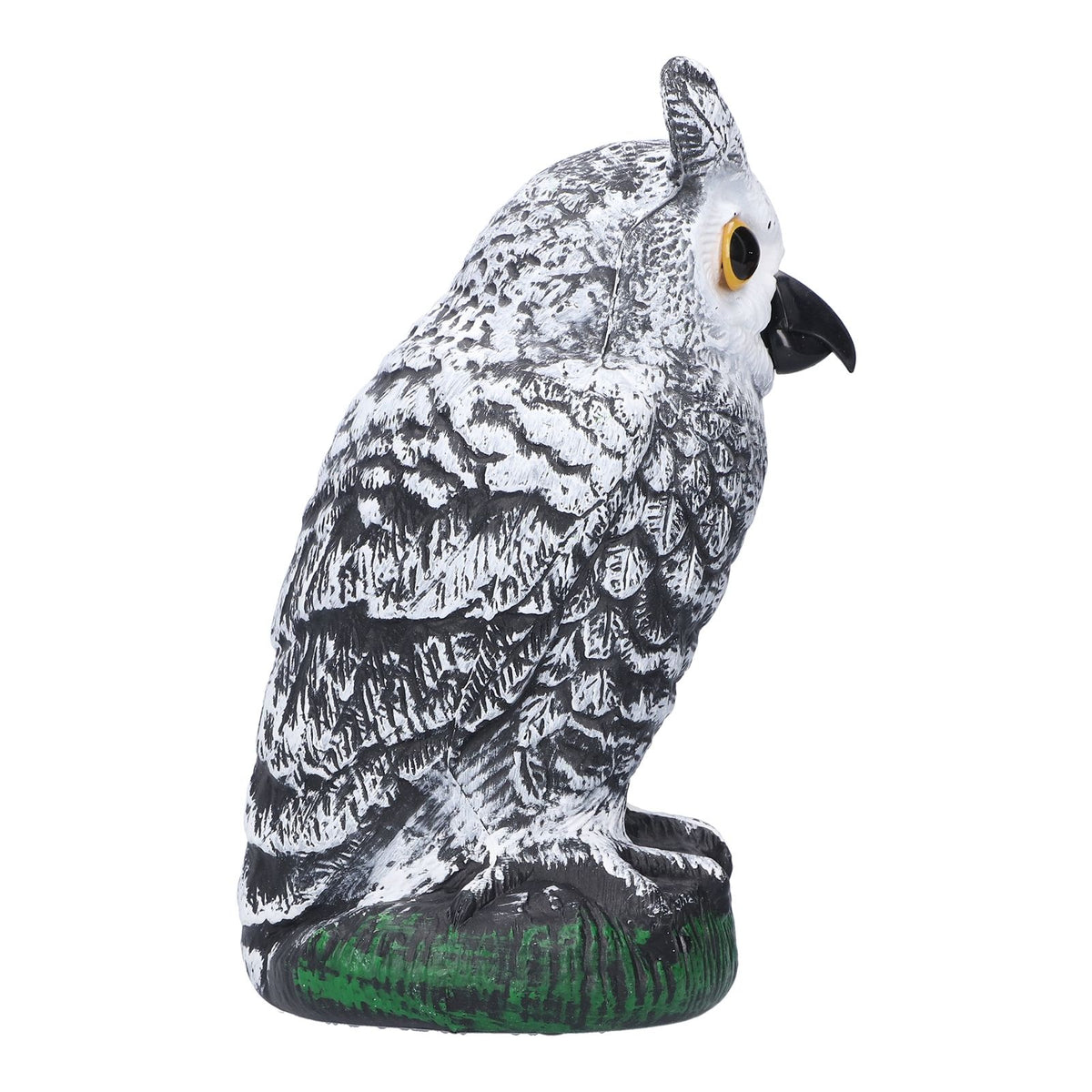 Plastic hunting fake owl decoy for outdoor gardens and yards, used as a pest deterrent and garden ornament.