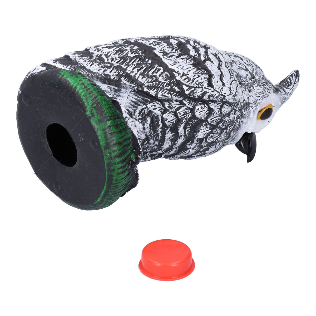 Plastic hunting fake owl decoy for outdoor gardens and yards, used as a pest deterrent and garden ornament.