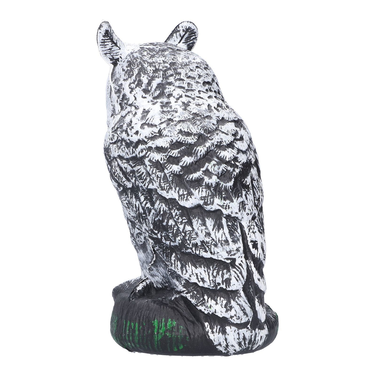 Plastic hunting fake owl decoy for outdoor gardens and yards, used as pest deterrent and garden ornament.