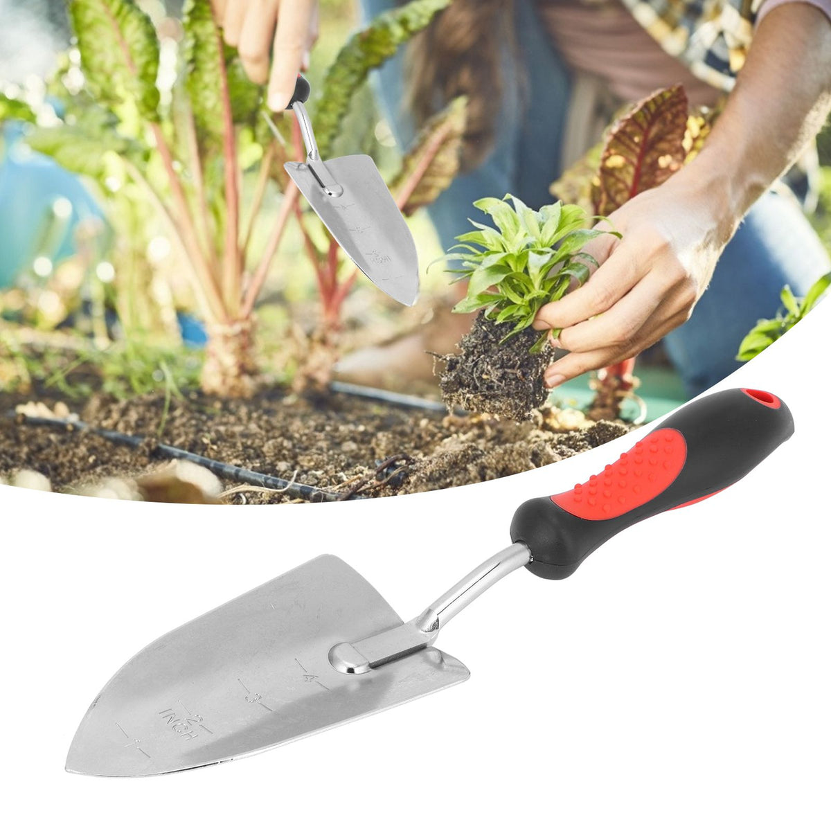 Chrome-plated garden shovel with 340mm handle for digging and planting, designed for gardening and outdoor play.