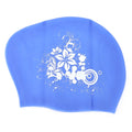 Blue silicone swimming cap for kids and ladies with long or short hair, waterproof and suitable for diving or swimming.