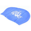 Blue silicone waterproof swimming cap for kids with long or short hair, suitable for diving and swimming activities.