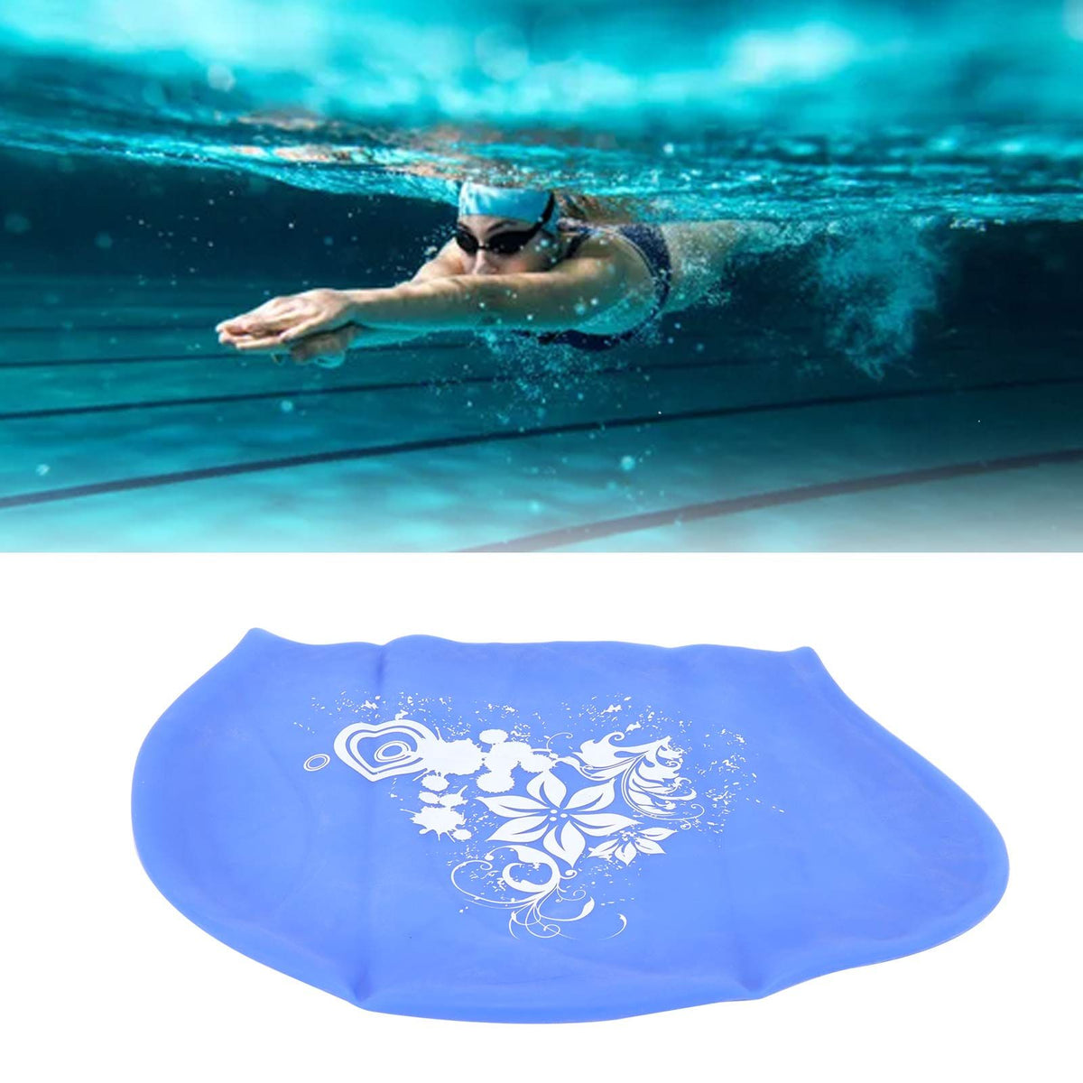 Blue silicone swimming cap for kids with waterproof design, suitable for long and short hair, by Everything Baby.