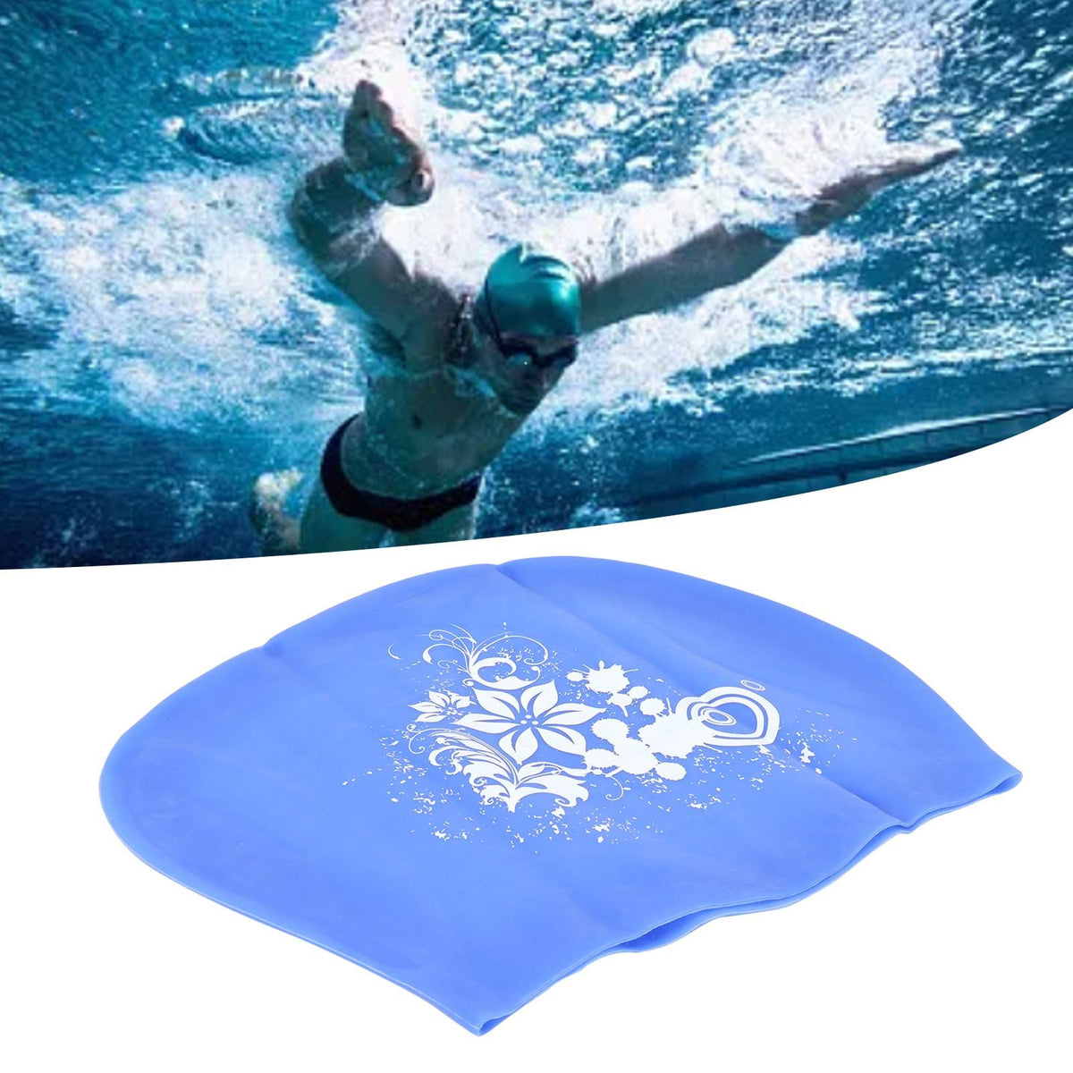 Blue silicone diving swimming cap for kids and women with long or short hair, waterproof and ideal for swimming and diving.