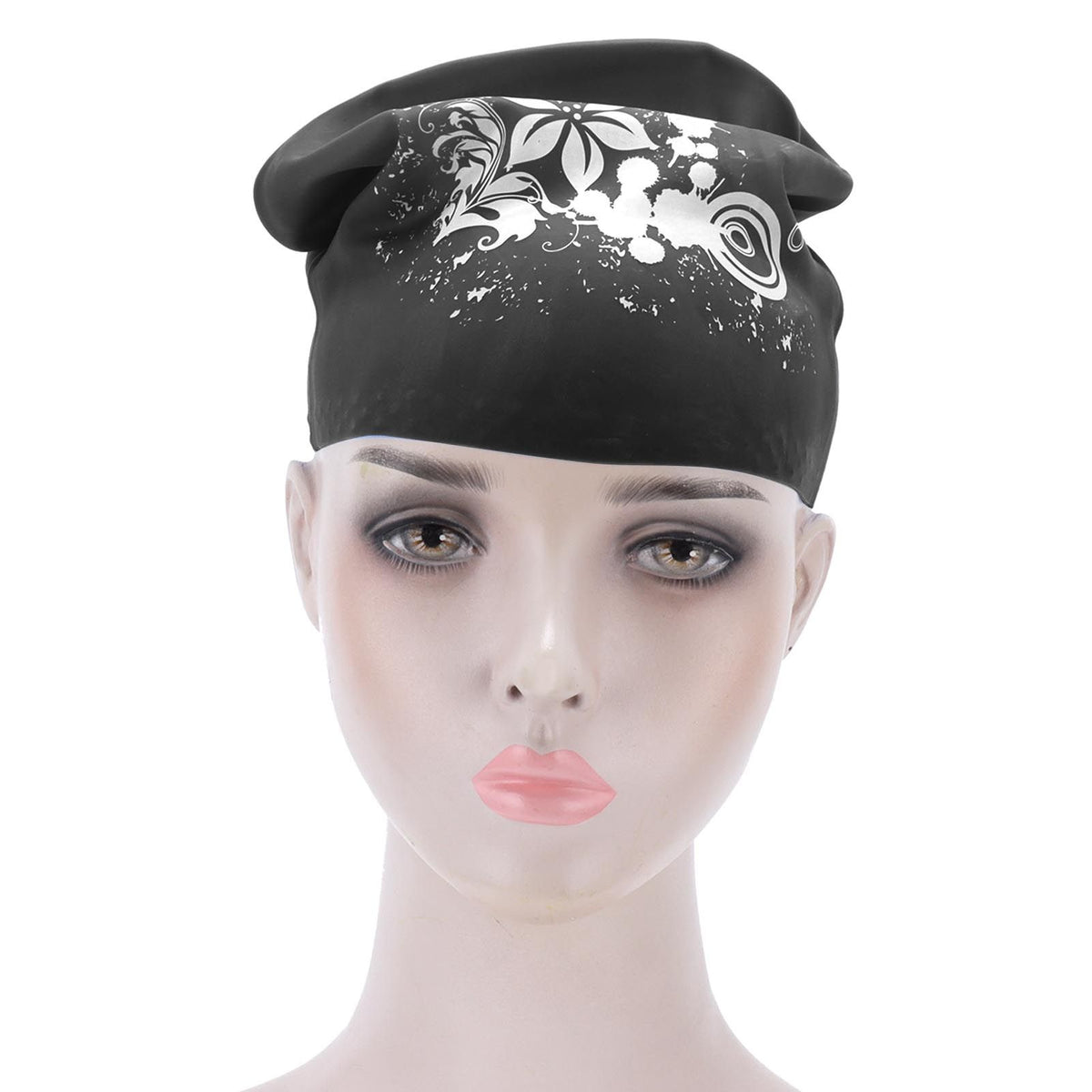 Black silicone waterproof swimming cap for long or short hair, suitable for children and ladies, from Everything Baby.