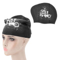 Black silicone swimming cap for kids and ladies with print, waterproof, suitable for long or short hair, diving and water activities.
