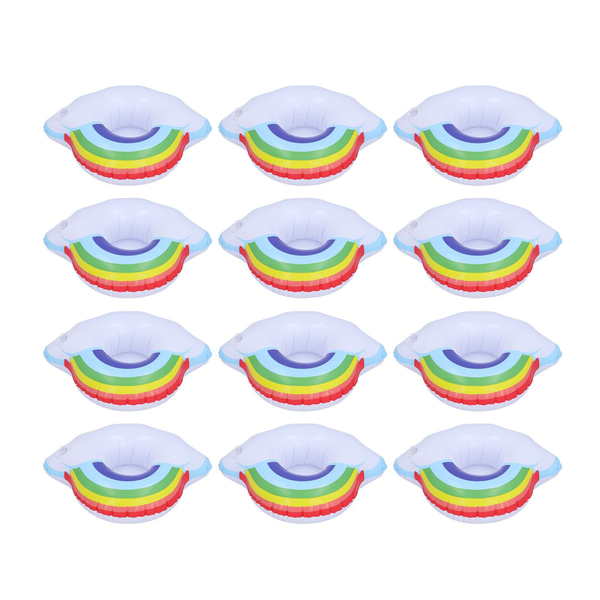 Colorful cloud-shaped inflatable coasters for children, perfect as pool cup holders and summer pool toys for kids.