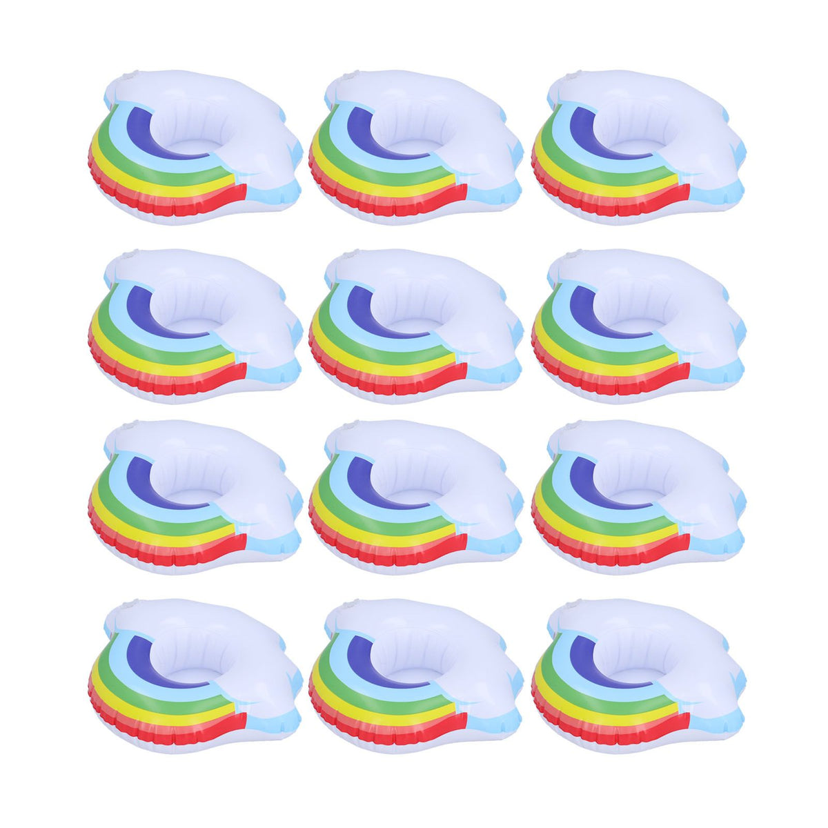 Colorful cloud-shaped inflatable coasters for kids, perfect as pool cup holders and summer pool toys for children.