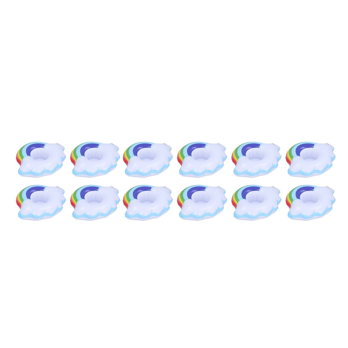 Colorful cloud-shaped inflatable coasters and cup holders for children, perfect for summer pool fun and playtime.