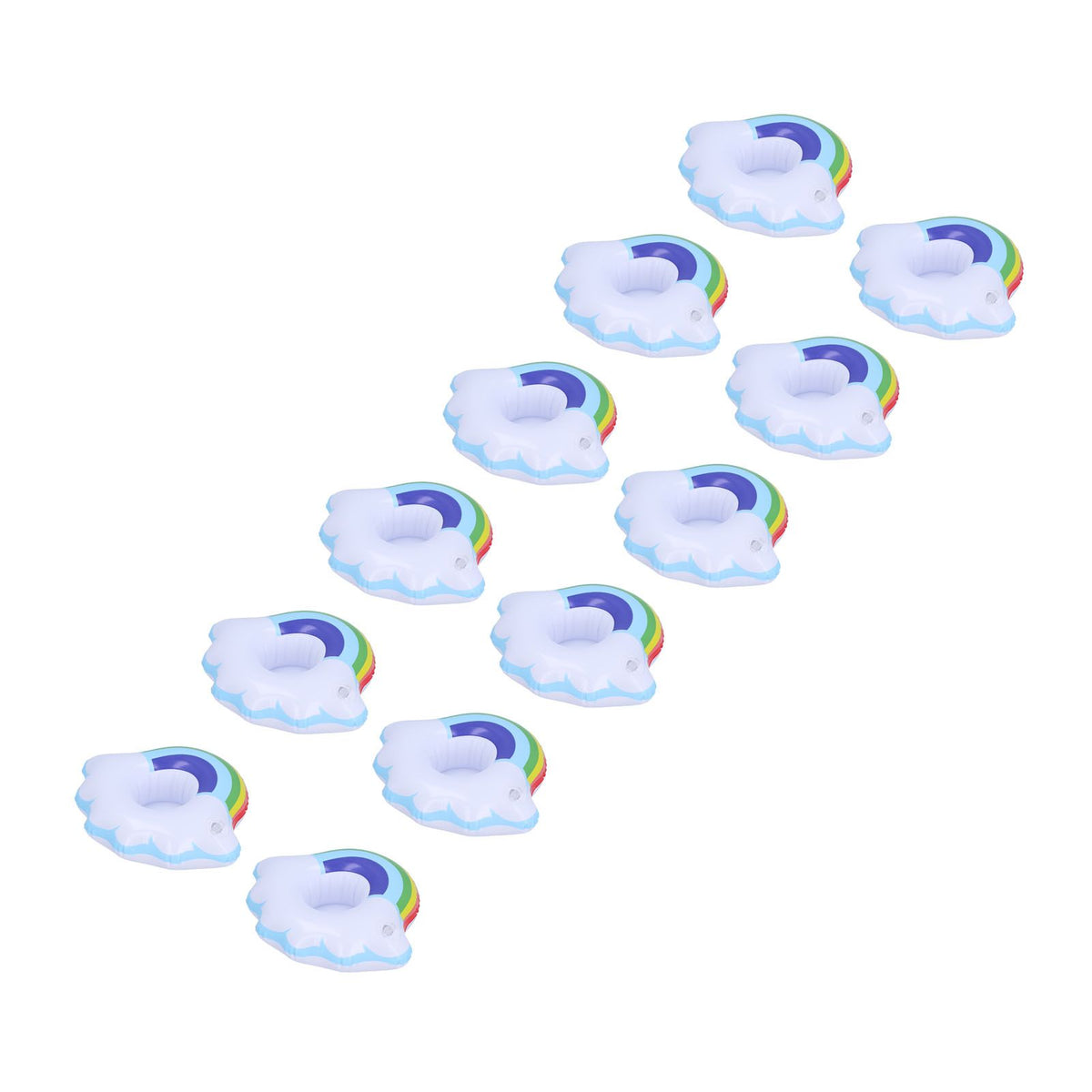 Colorful cloud-shaped inflatable coasters for kids, designed as cup holders and pool floats for summer fun.