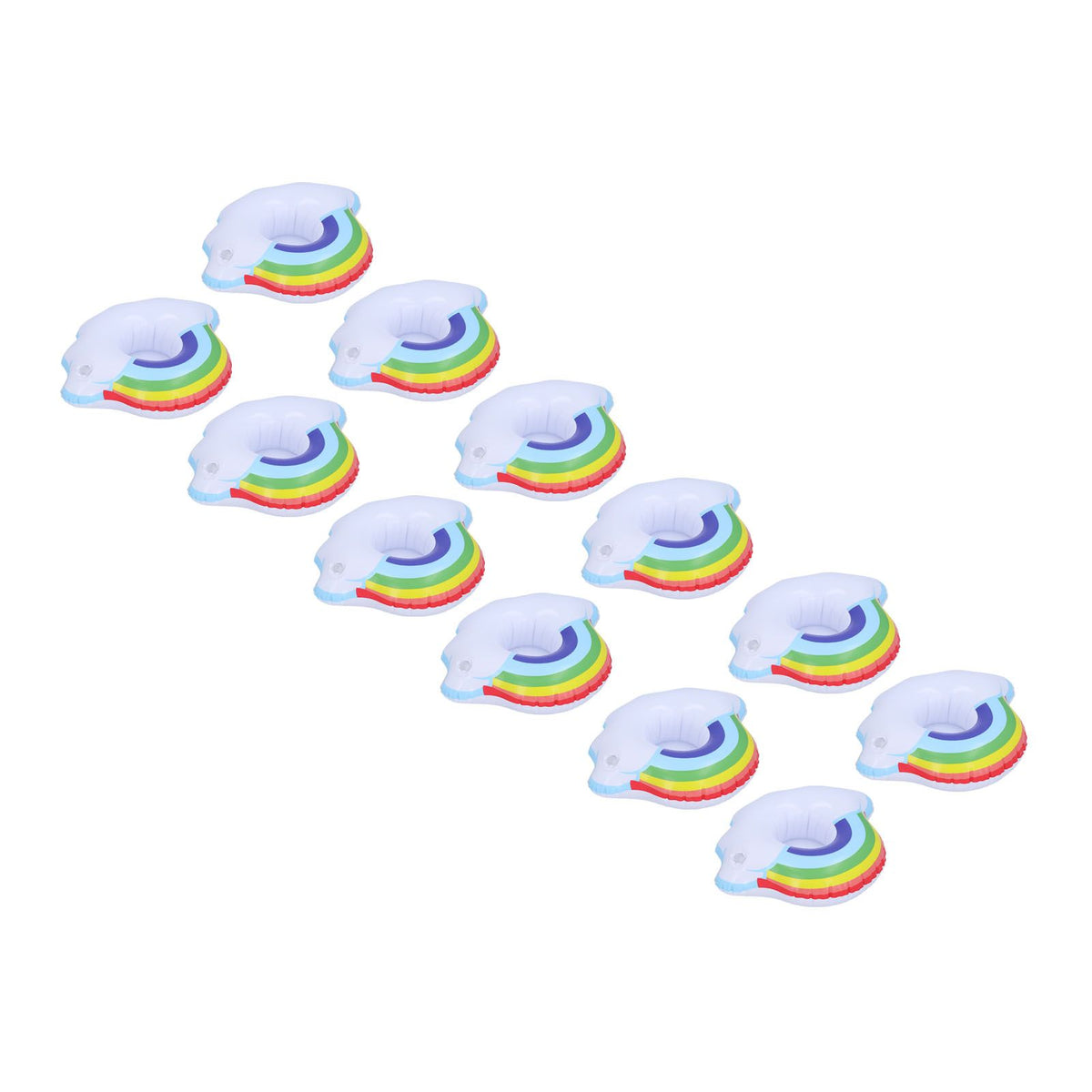 Set of 12 colorful cloud-shaped inflatable coasters for kids, ideal as cup holders and pool toys for summer play.