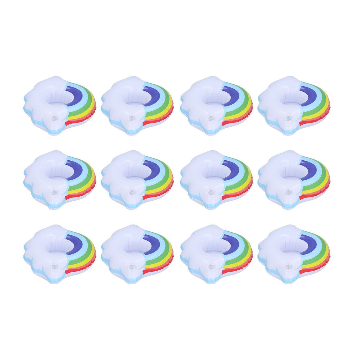 Colorful cloud-shaped inflatable coasters and cup holders for children, perfect for summer pool play and outdoor fun.