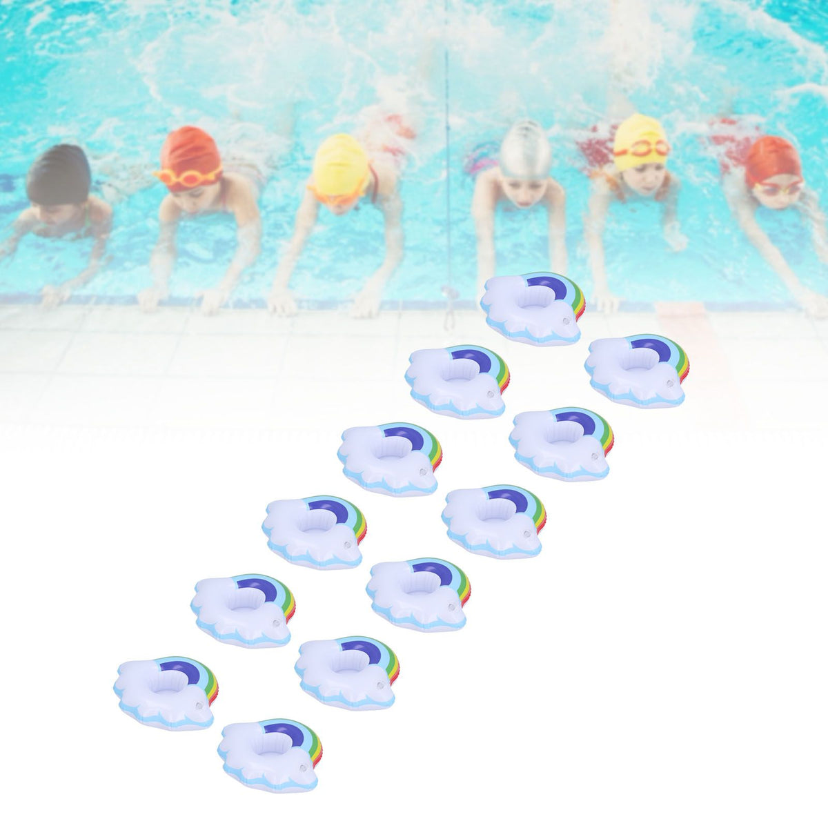 Colorful cloud-shaped inflatable coasters for kids, designed as pool cup holders and toys for summer water play.