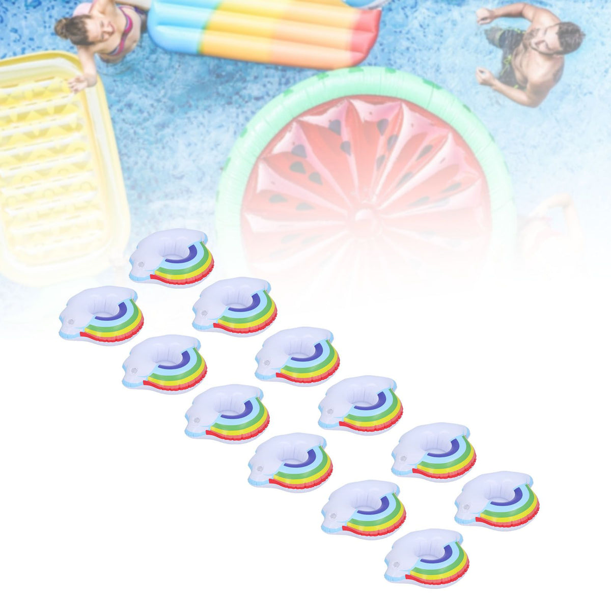 Set of 12 colorful cloud-shaped inflatable coasters for kids, designed as pool cup holders and summer baby play accessories.