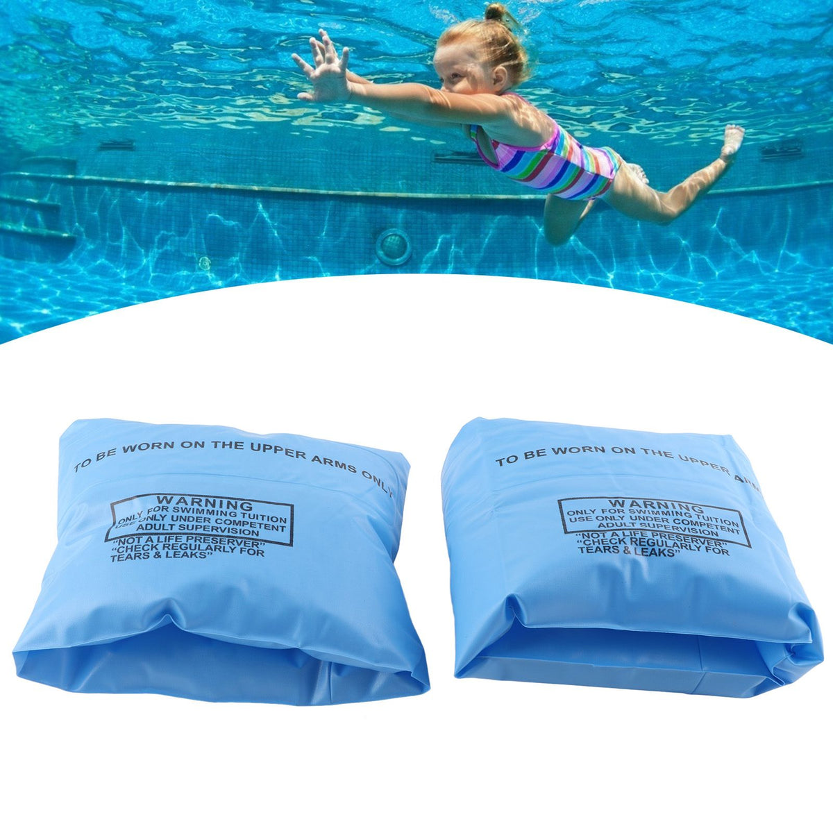 Blue inflatable swimming ring with arm sleeves for kids, designed for safe water play and swimming assistance by Everything Baby.