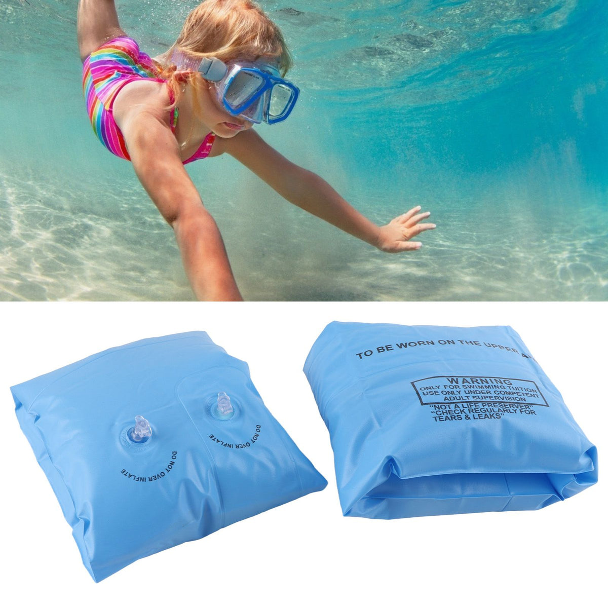 Blue inflatable arm floating ring for kids and adults, water sleeve swimming armband, suitable for swimming and water activities.