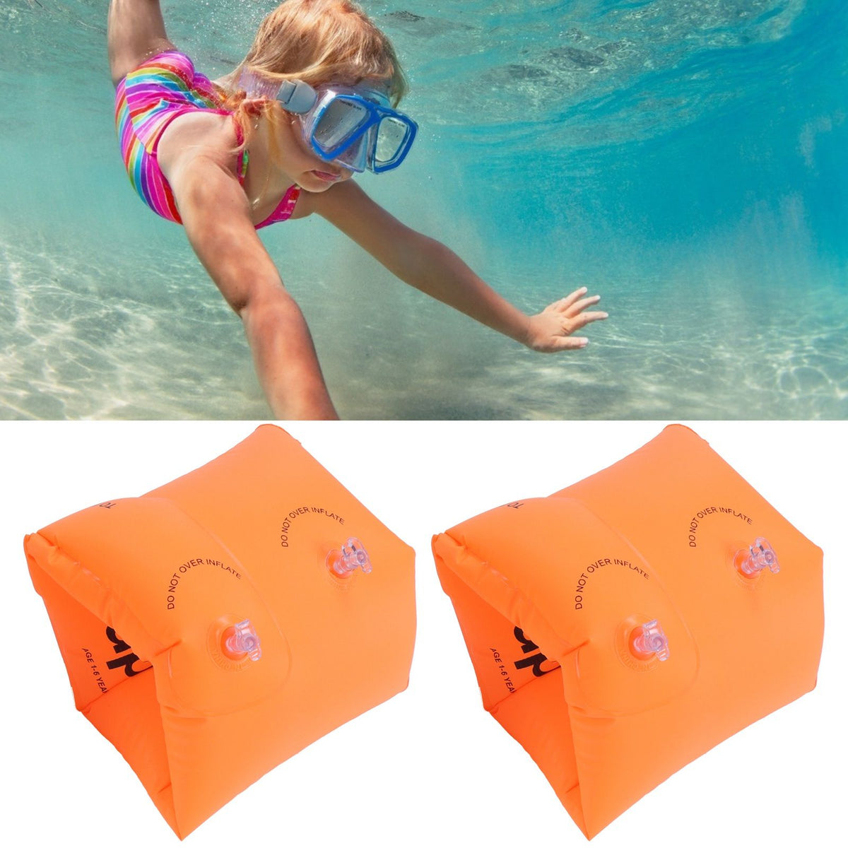 Inflatable orange swimming armband for kids and adults, water sleeve arm float ring for swimming and water safety.