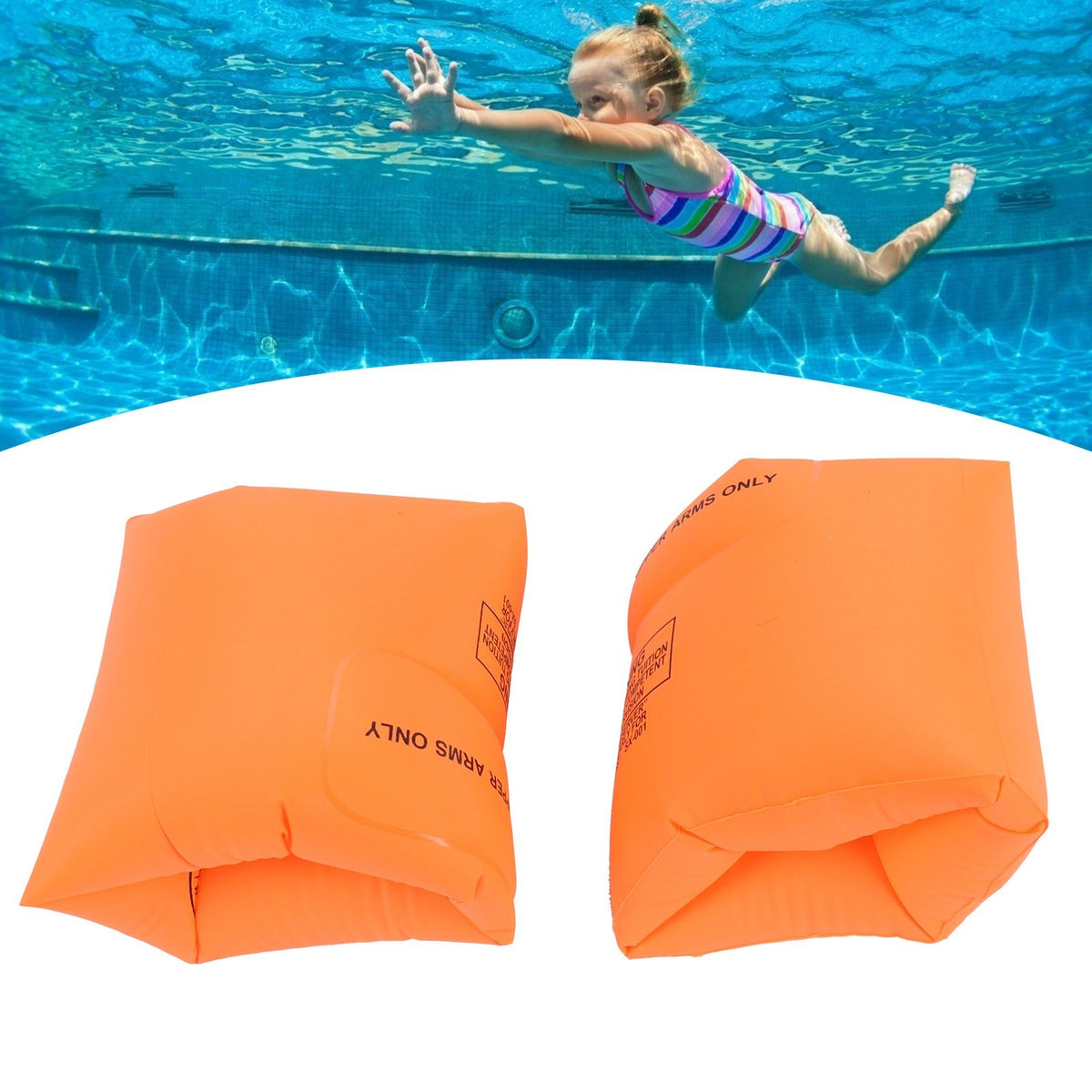 Orange inflatable swimming arm ring for kids, designed for water safety and support during swimming activities.