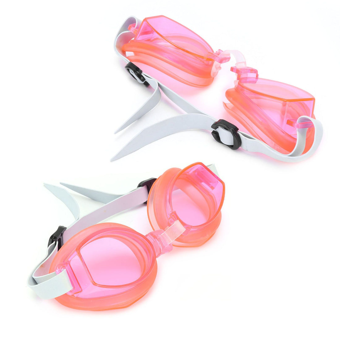 Red swimming goggles with earplugs and nose clip for kids, adjustable design, suitable for children’s swimming and water safety.