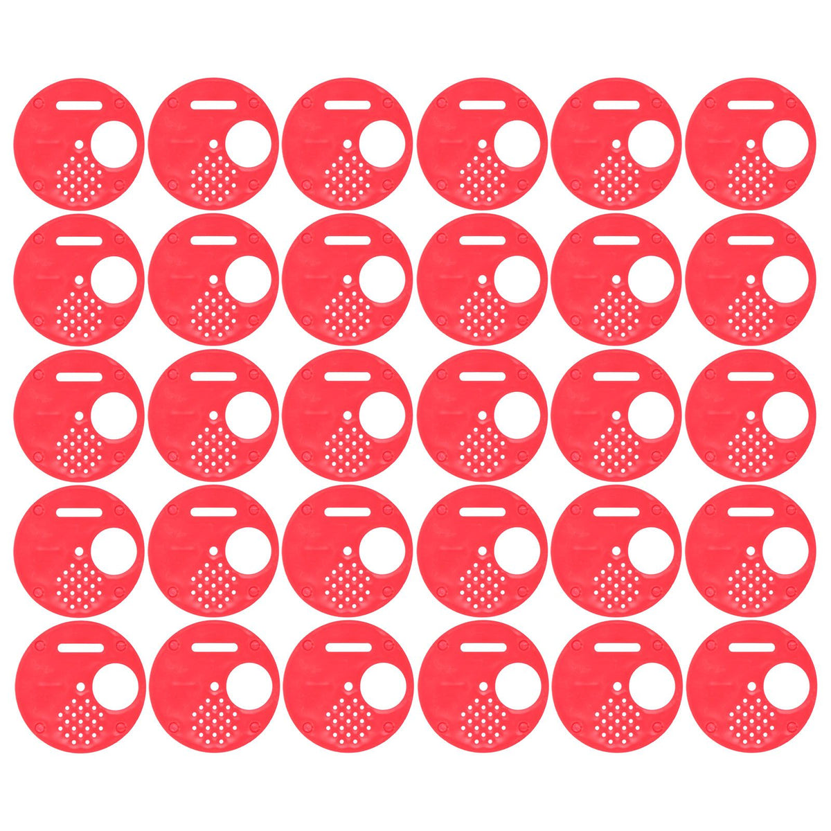 Red plastic beehive door entrance disc for beekeeping, round exit vent gate, safety accessory for hive management.