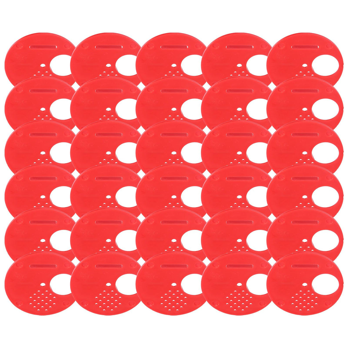 Red plastic beehive door entrance disc, 30-pack, round exit vent gate for beekeeping safety and hive access control.
