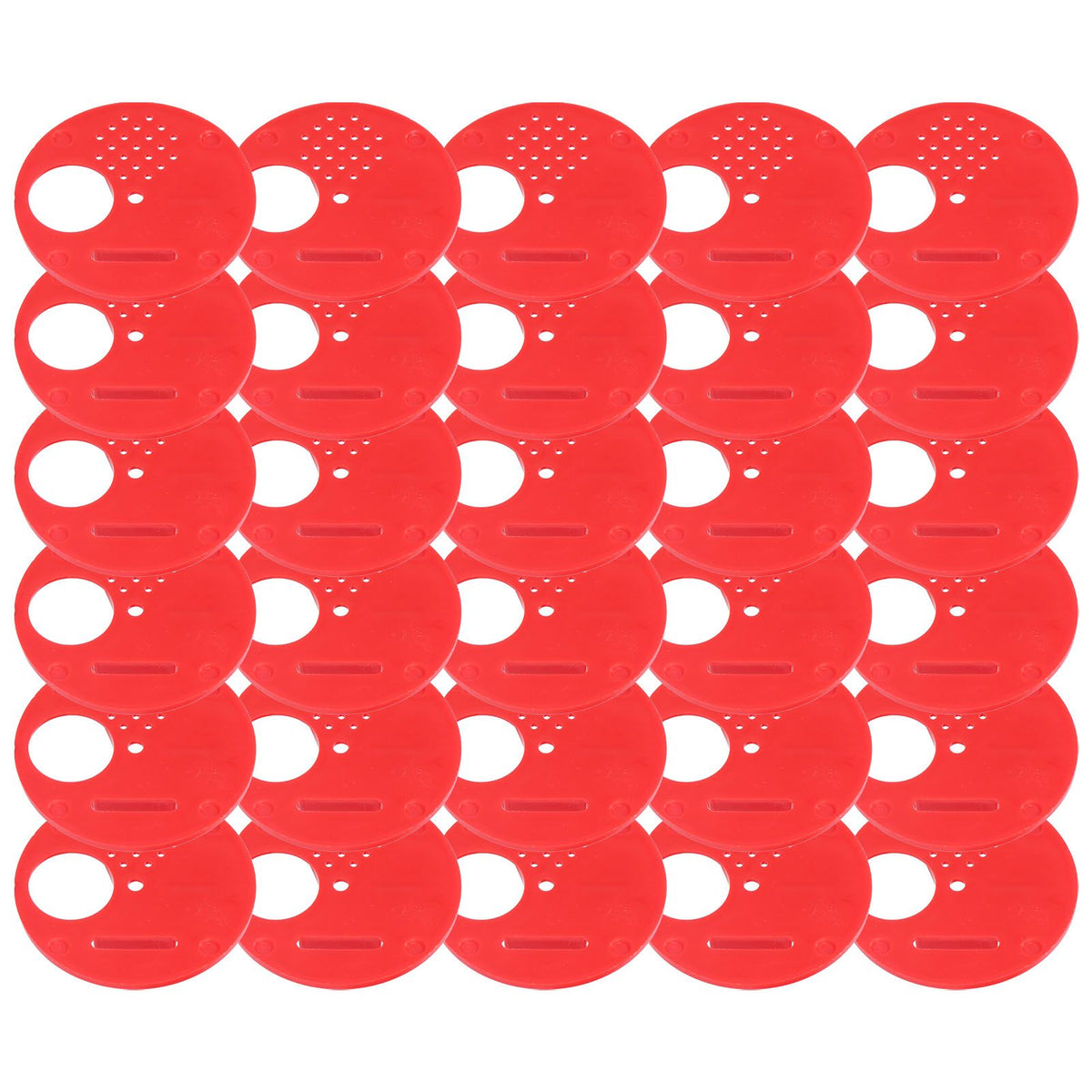 Red plastic beehive door entrance disc, round exit vent gate for beekeeping, with safety features, designed by Everything Baby.