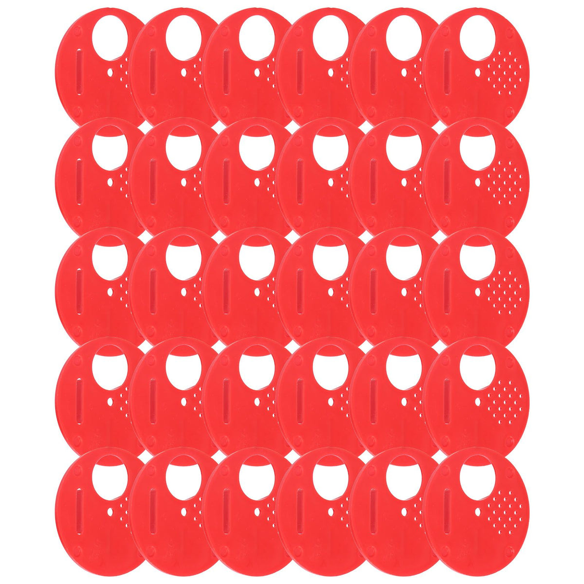 Red 30-piece beehive door entrance disc set, plastic round exit vent gate for beekeeping access and safety.