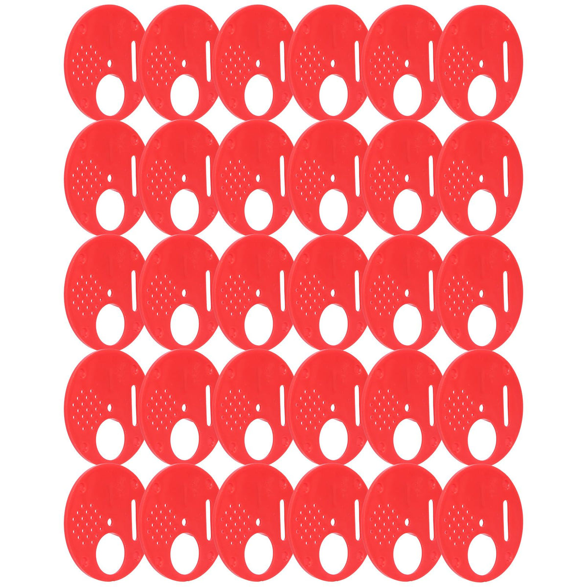 Red plastic beehive door entrance disc with round exit vent, beekeeping accessory, designed for hive ventilation and access control