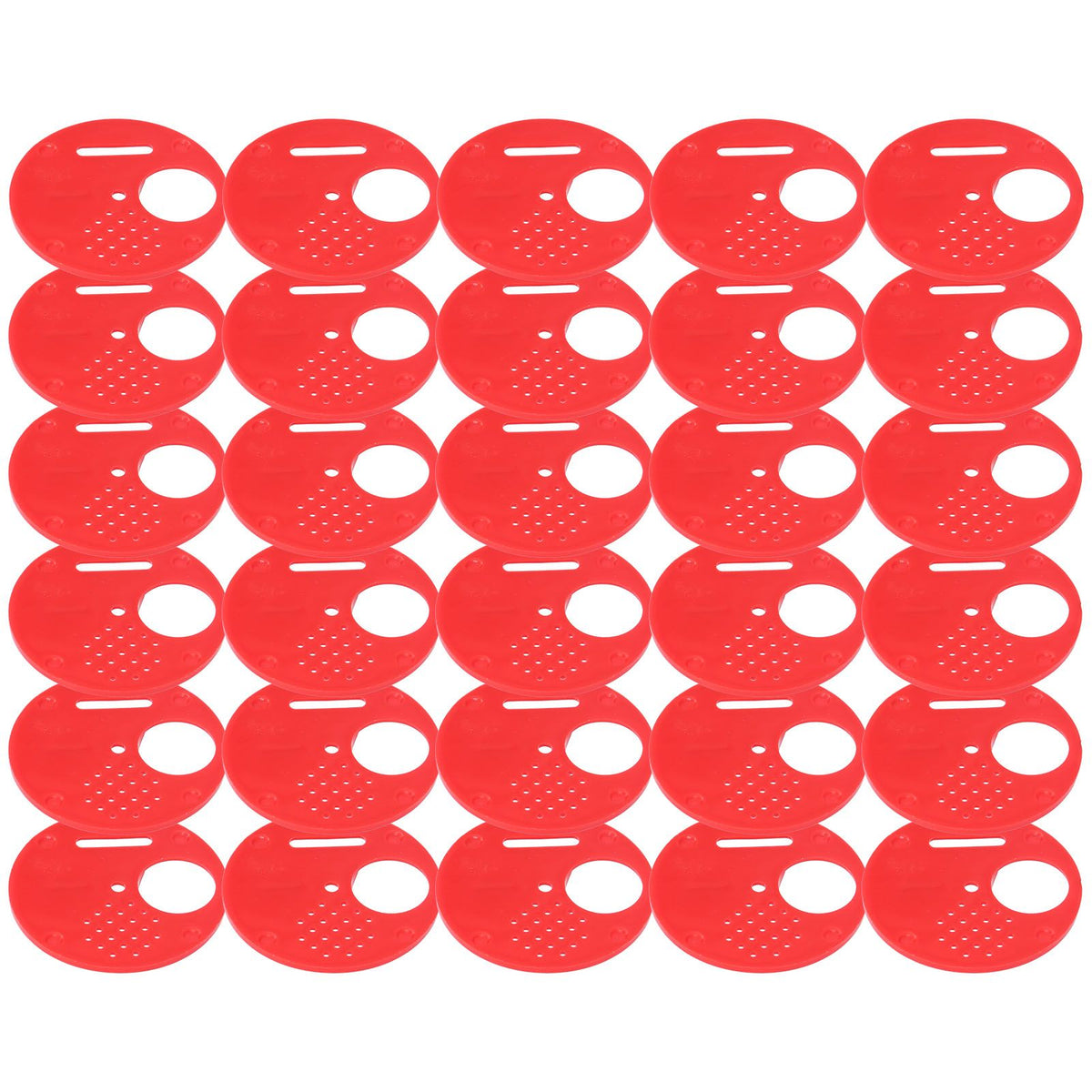 Red plastic beehive door entrance disc with vent gate for beekeeping, designed as a safety accessory for hive management.