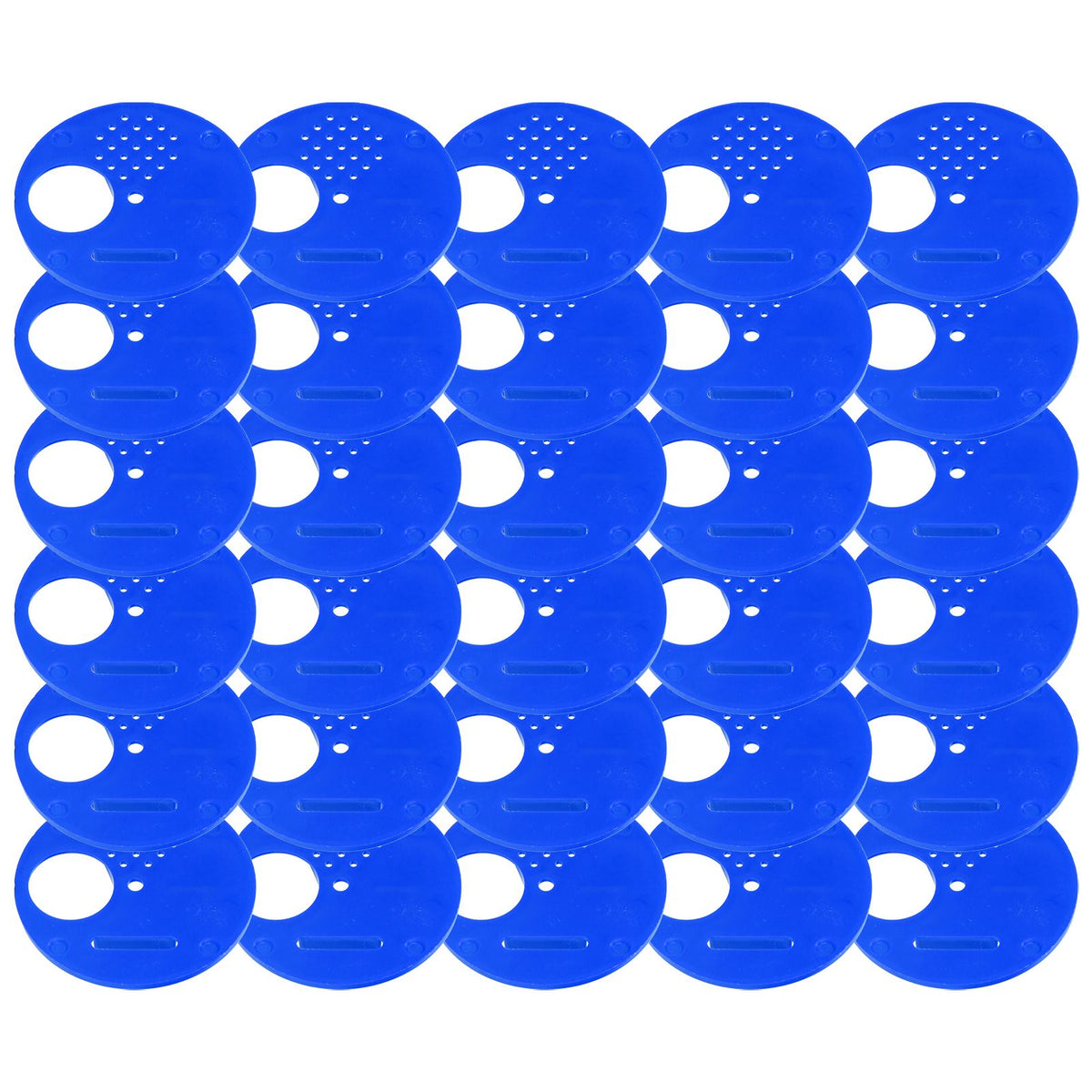 Blue plastic beehive door exit vent disc, round beekeeping accessory with entrance gate for hive safety and access control.