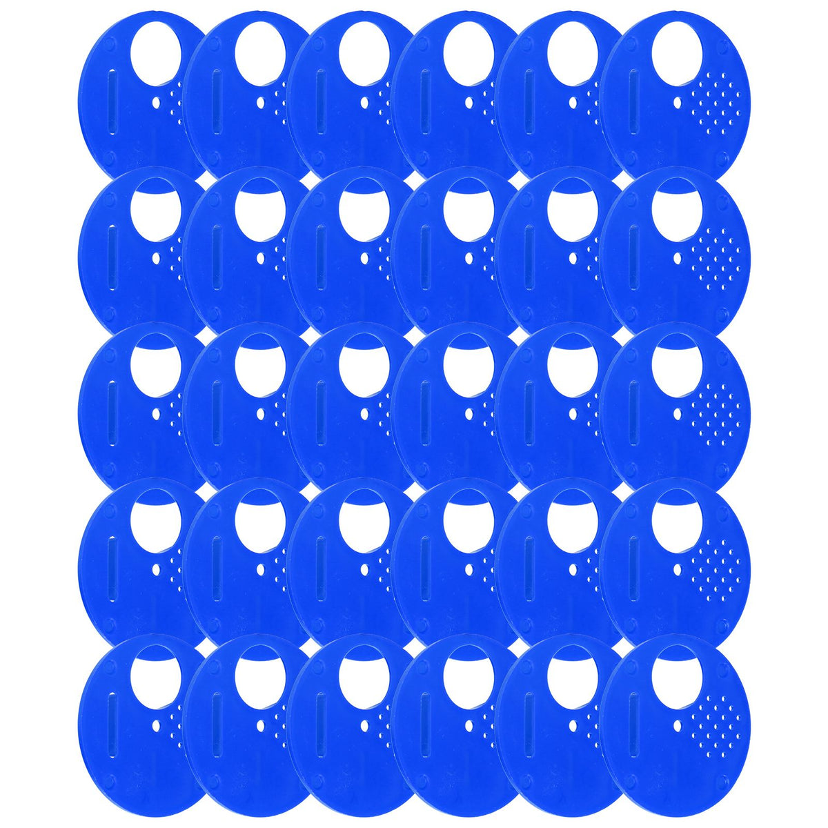 Blue plastic beehive door entrance disc for beekeeping, round vent gate, 30-pack of safety accessories for hive entrance management.
