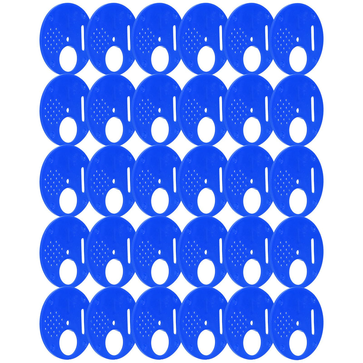 Blue plastic beehive door entrance disc with round exit vent gate, used as beekeeping accessory for hive safety and access.