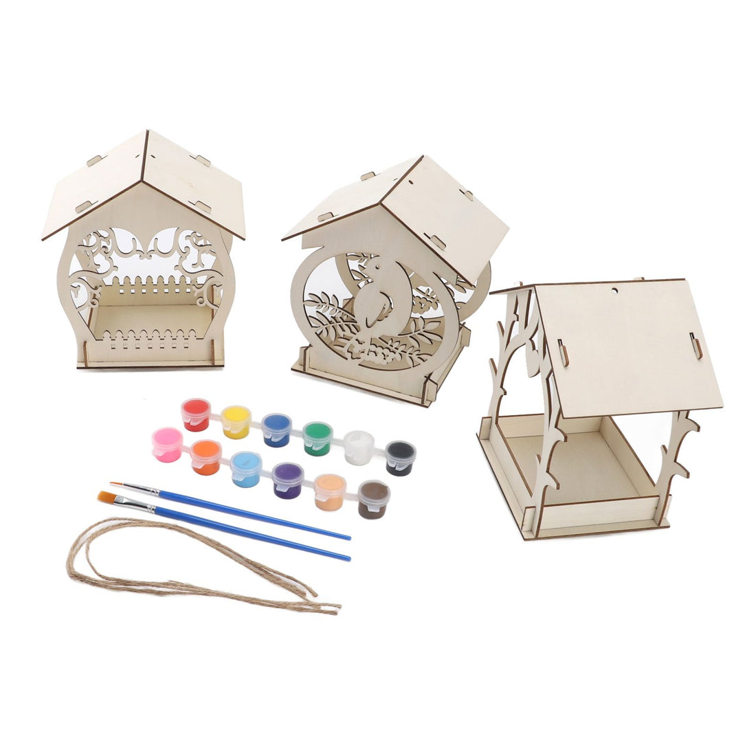 Wooden outdoor bird feeder with colorful painted design, hanging from string, used as a kids craft kit for boys and girls.