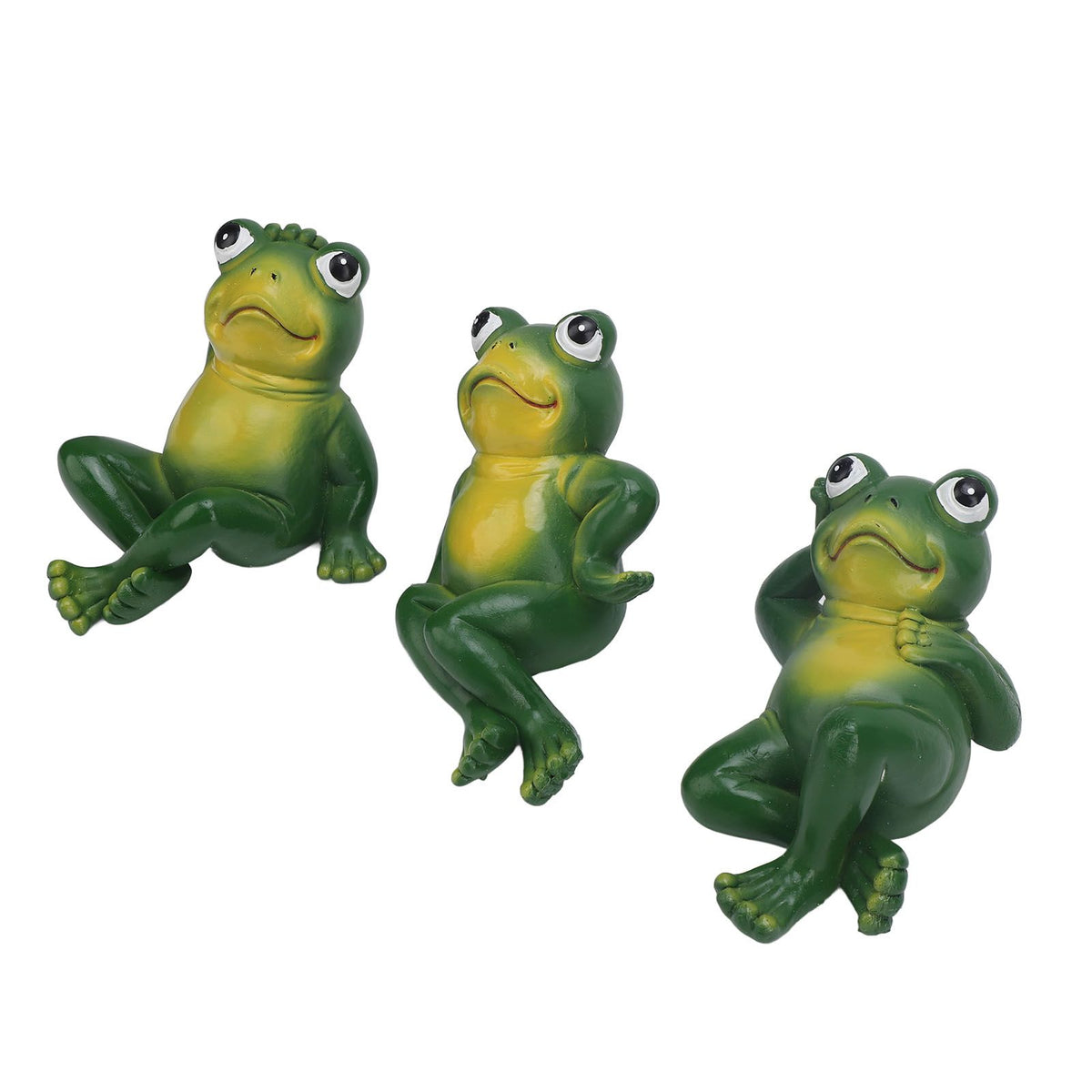 Three outdoor garden frog statues by Everything Baby, American style, decorative lawn ornaments for yard and patio decor.