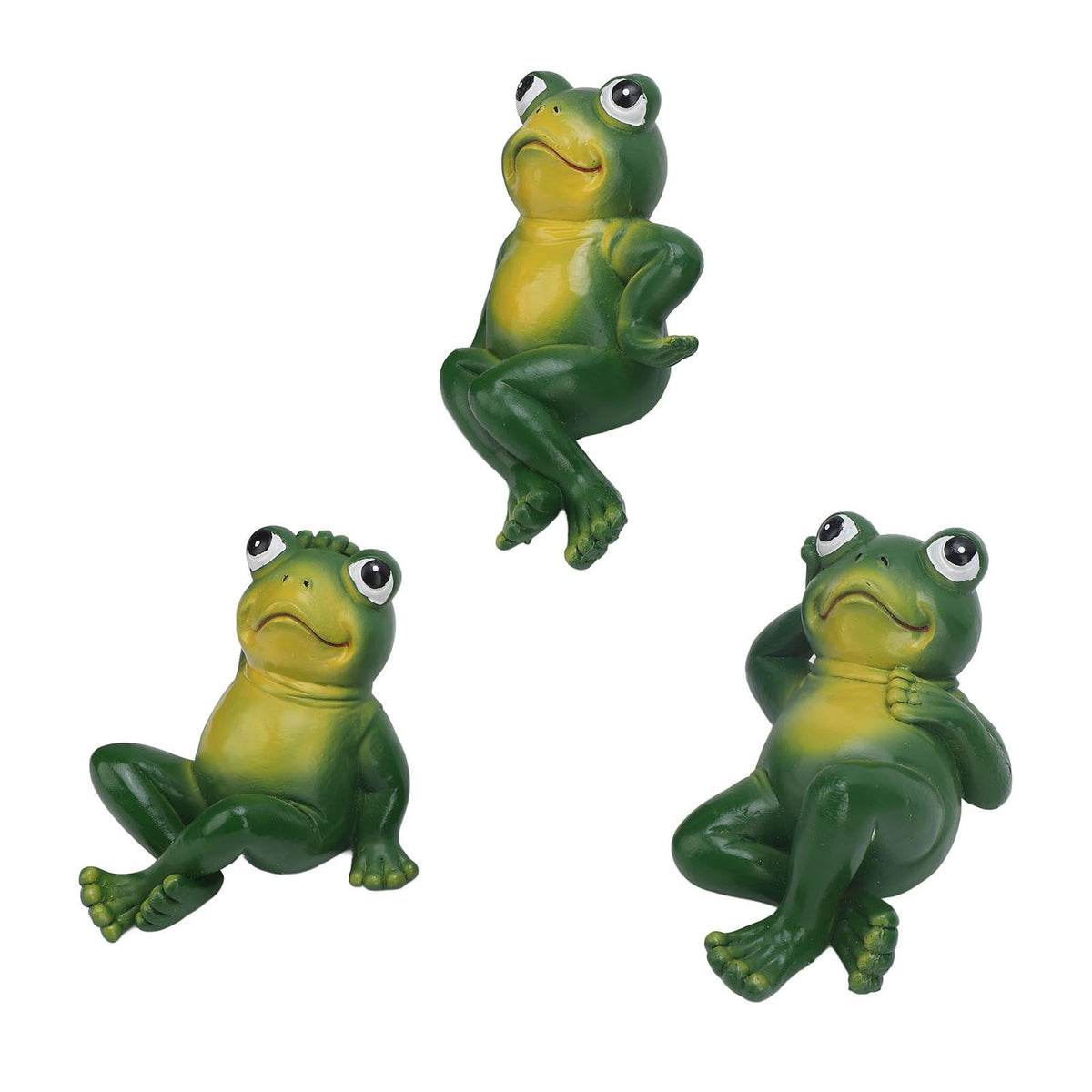 Three outdoor frog garden statues by Everything Baby, American style, decorative frogs for yard, patio, and lawn decoration.