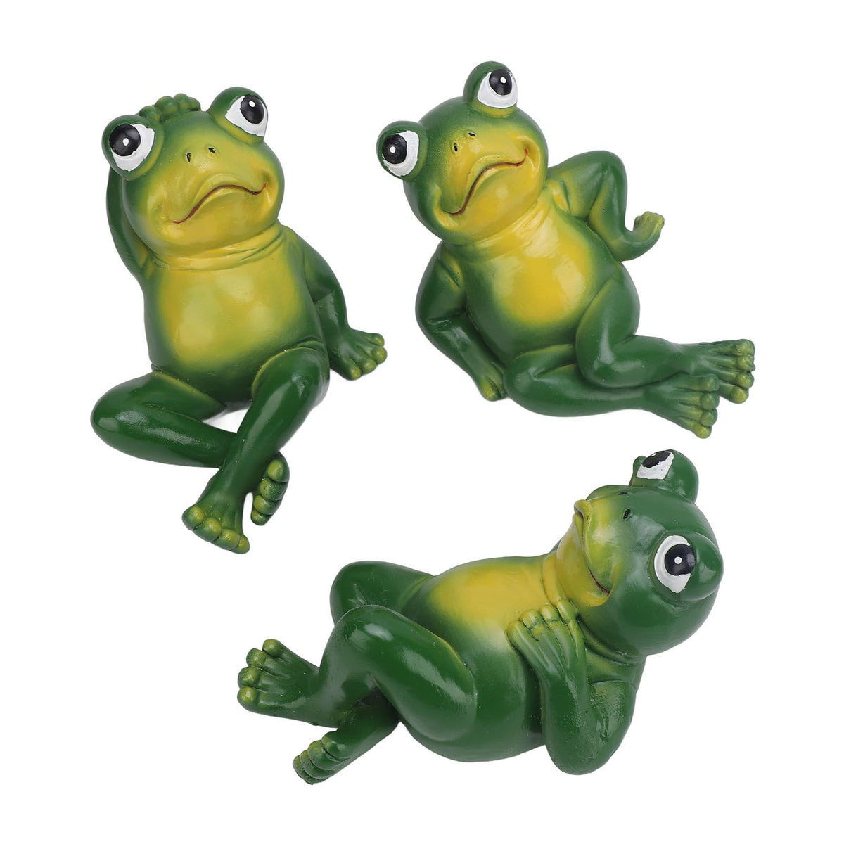 Three outdoor garden frog statues by Everything Baby, American style, decorative lawn and patio ornaments for yard and garden.