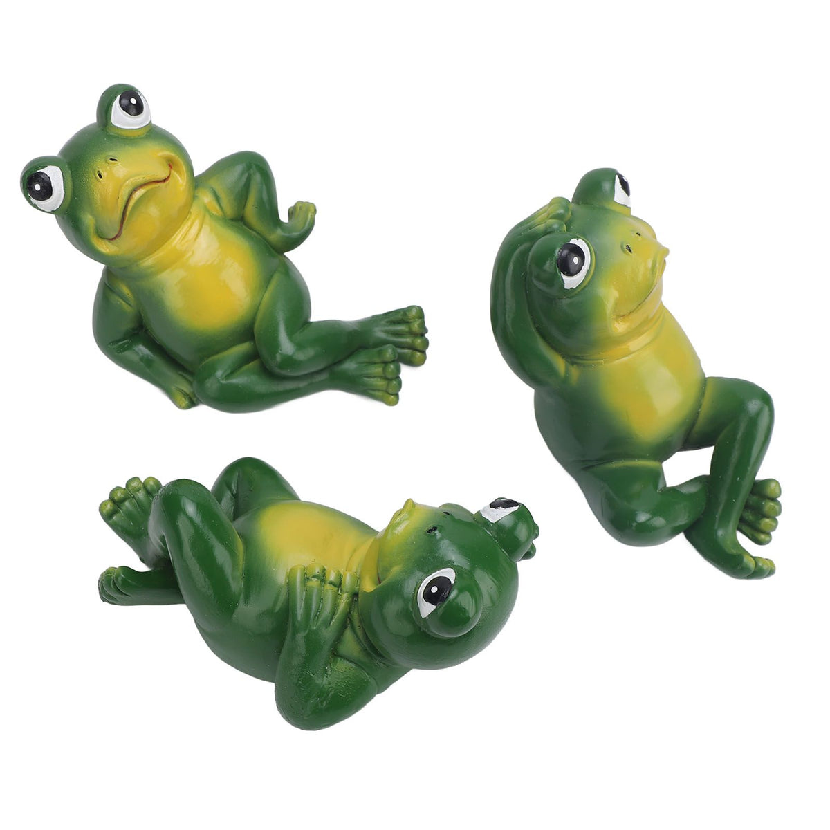 Three American-style outdoor frog garden statues, playful and realistic, perfect for yard, patio, or lawn decoration.