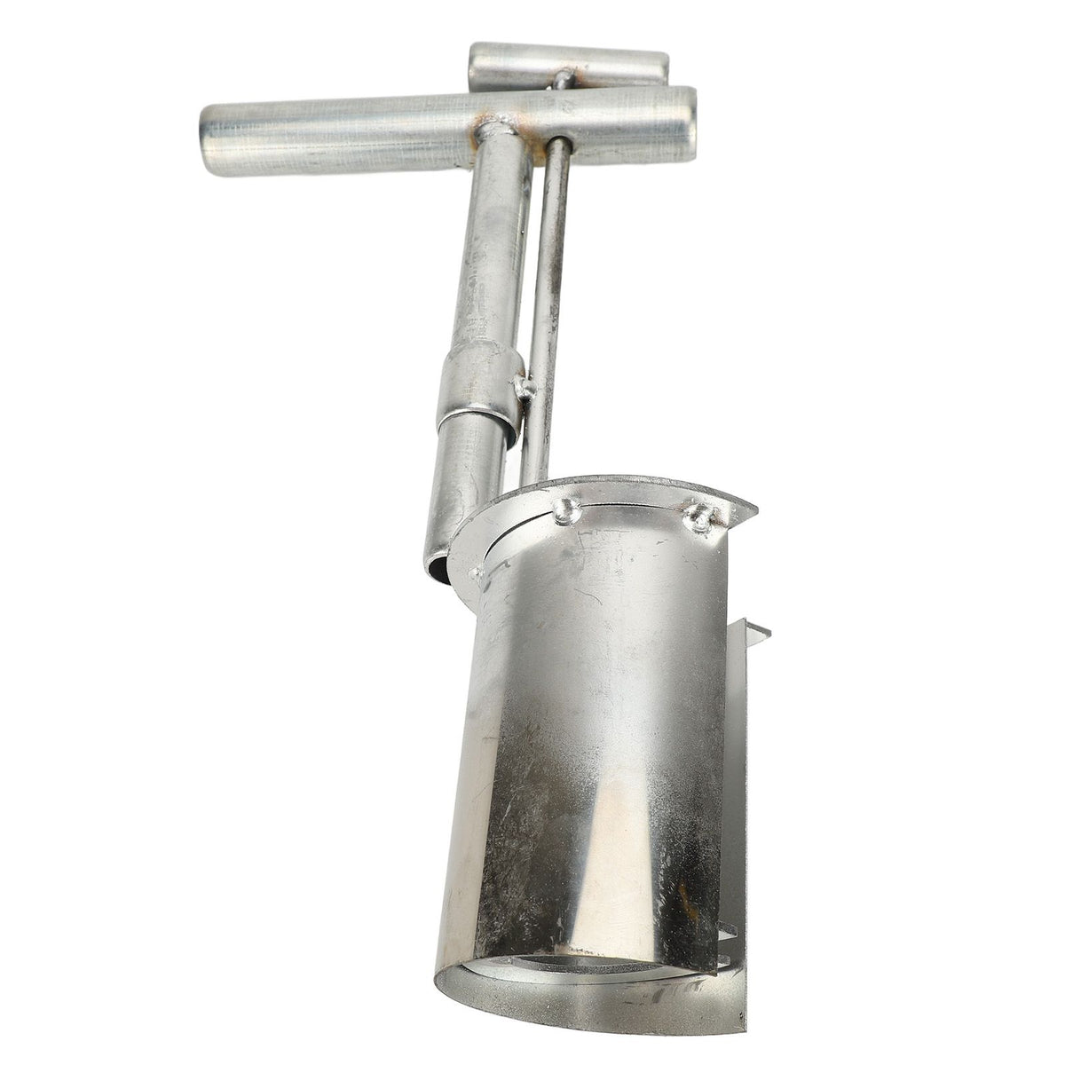 Alloy bulb planter tool used for soil sampling, weeding, and transplanting in lawn and garden, held in hand, outdoor gardening context