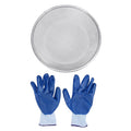 Stainless steel gardening soil sifter with anti-slip gloves, 50kg capacity, 2mm holes, ideal for gardening and soil screening.