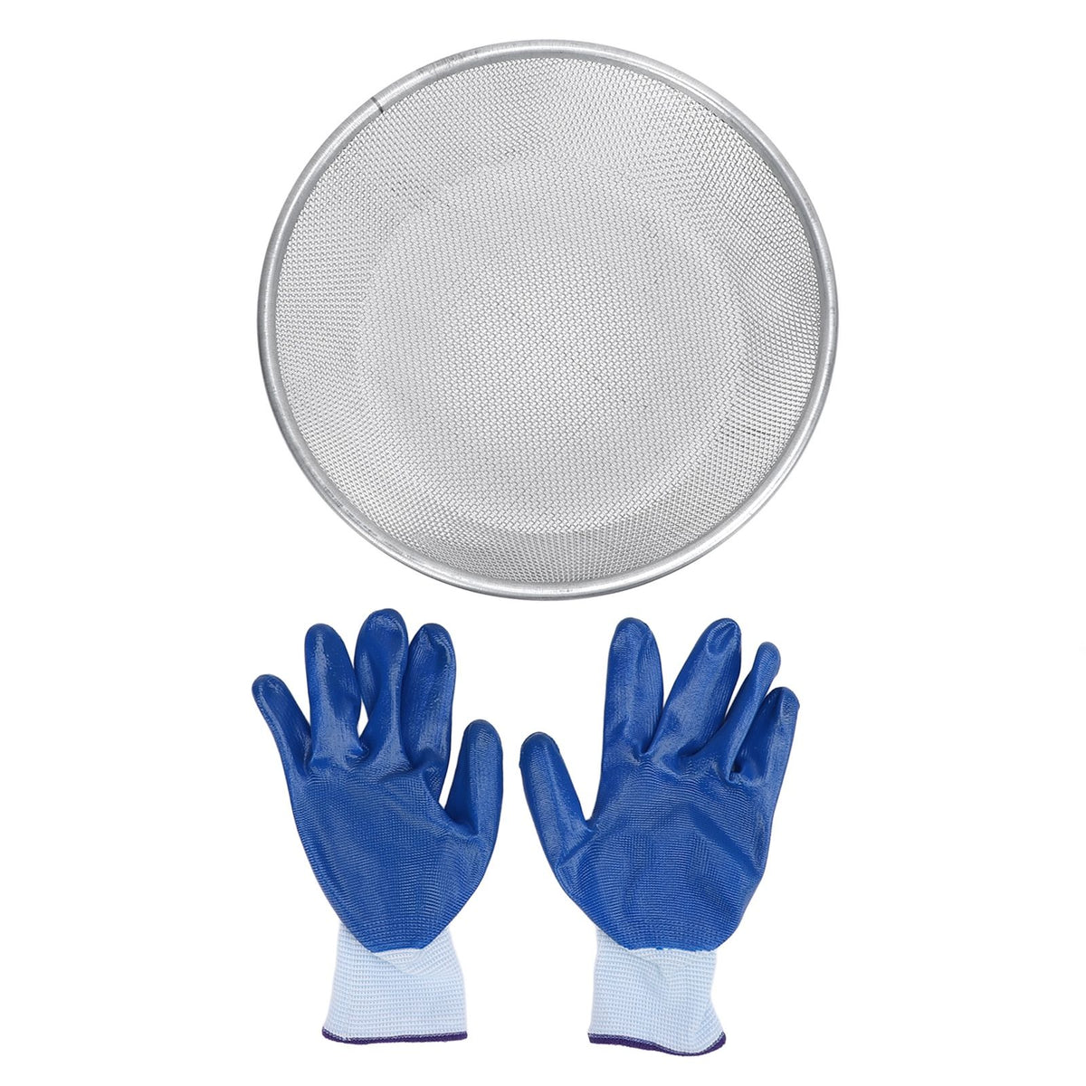 Stainless steel gardening soil sifter with anti-slip gloves, 50kg capacity, 2mm holes, ideal for gardening and soil screening.