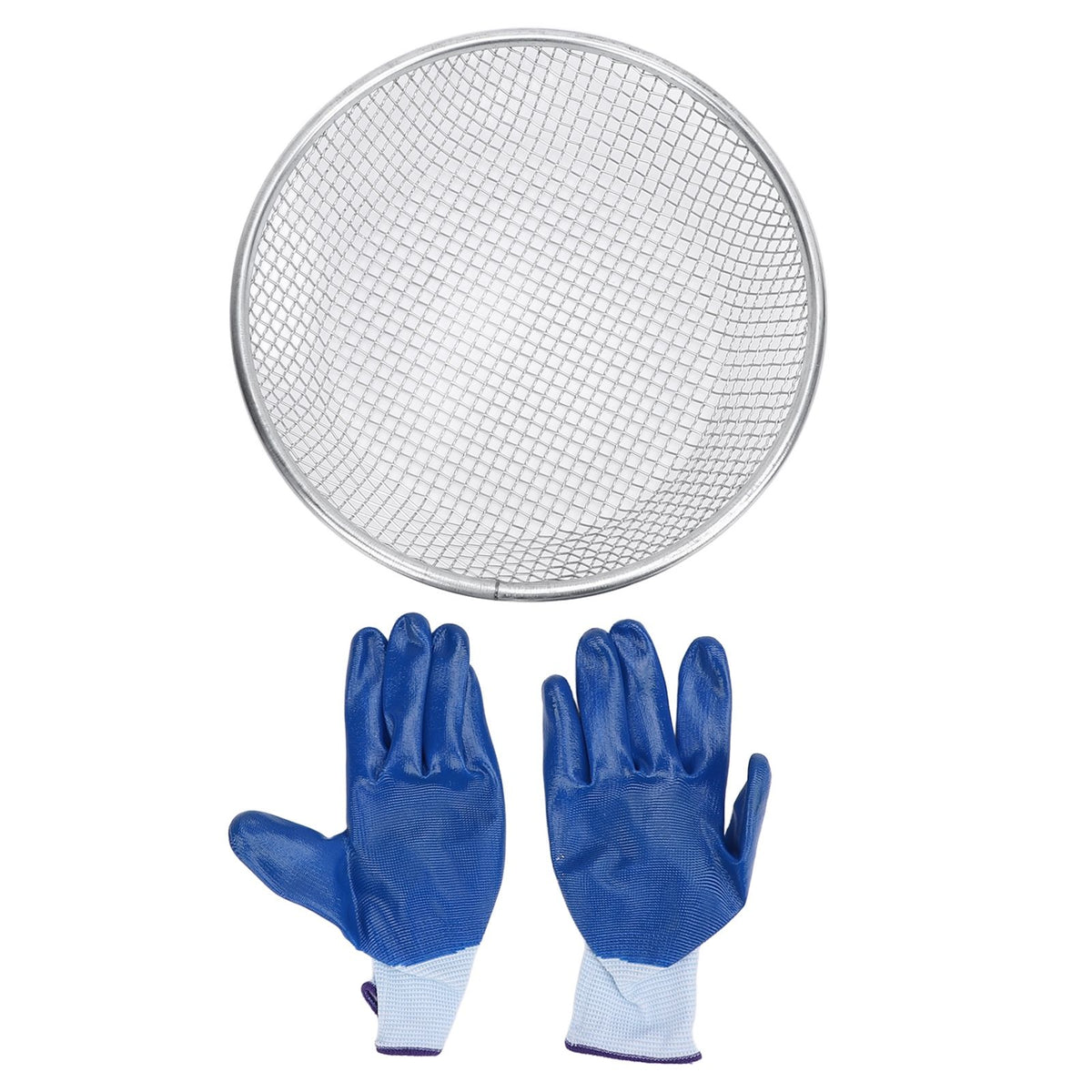 Stainless steel gardening soil sifter with 6mm holes, anti-slip gloves, suitable for compost and sand filtering in outdoor gardening.