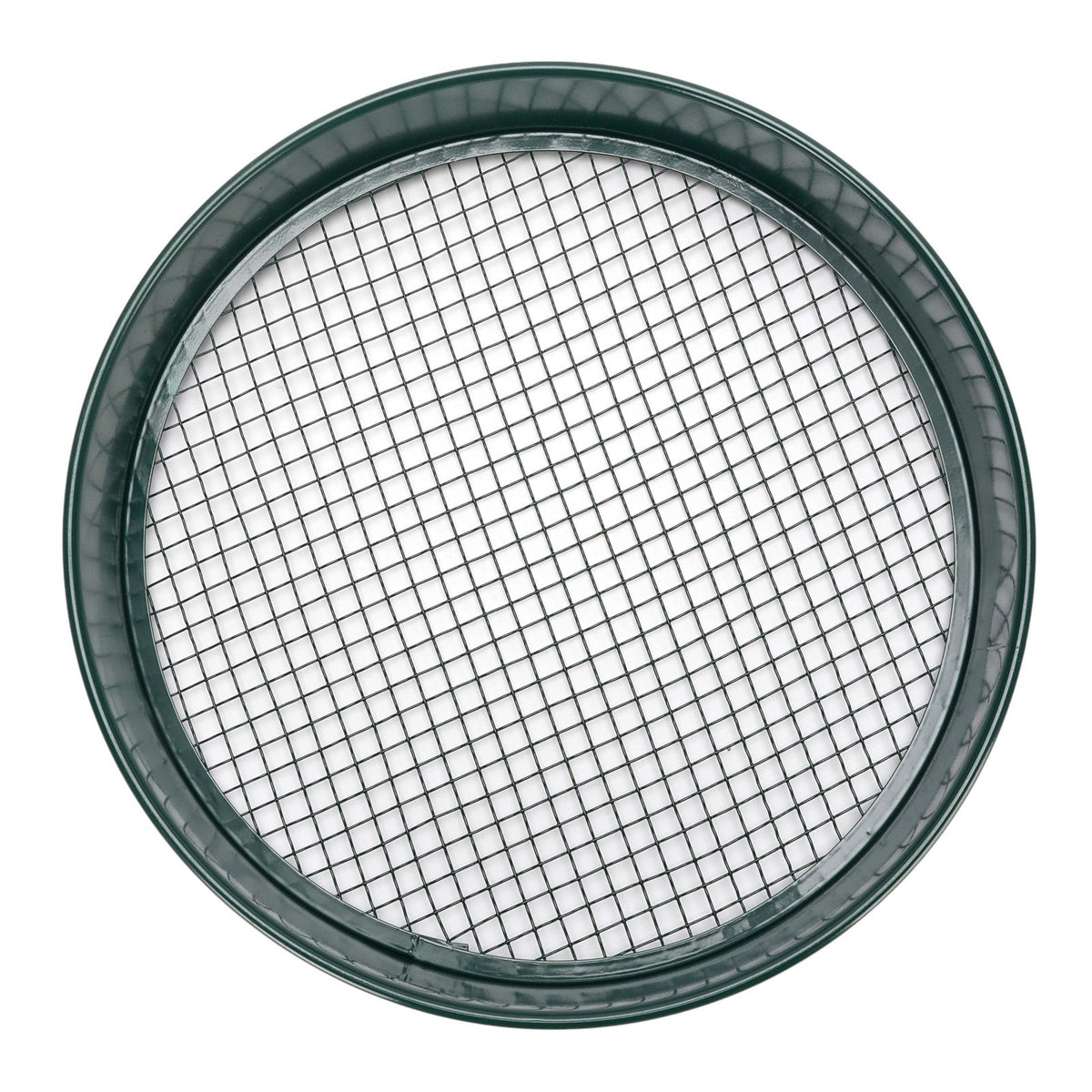 Garden soil sieve with interchangeable mesh sizes in dark green, ideal for planting and outdoor gardening tasks.