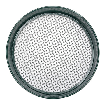Garden soil sieve with interchangeable mesh sizes in dark green, ideal for planting and outdoor gardening tasks.