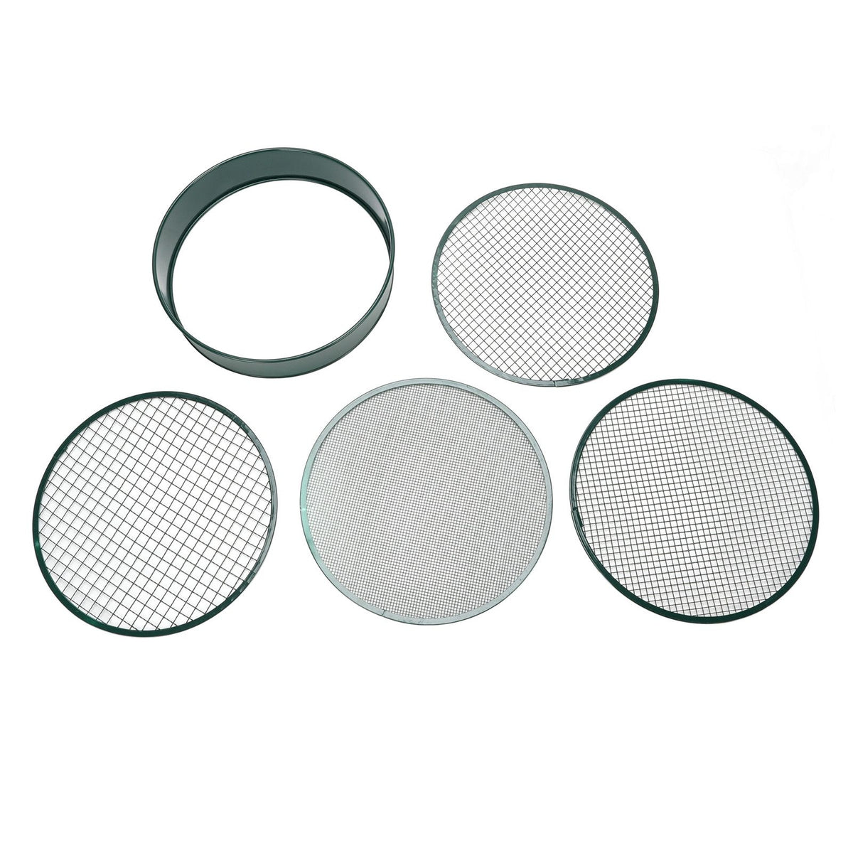 Dark green garden soil sieve with interchangeable mesh sizes (3mm, 6mm, 9mm, 12mm) for planting and outdoor soil screening.