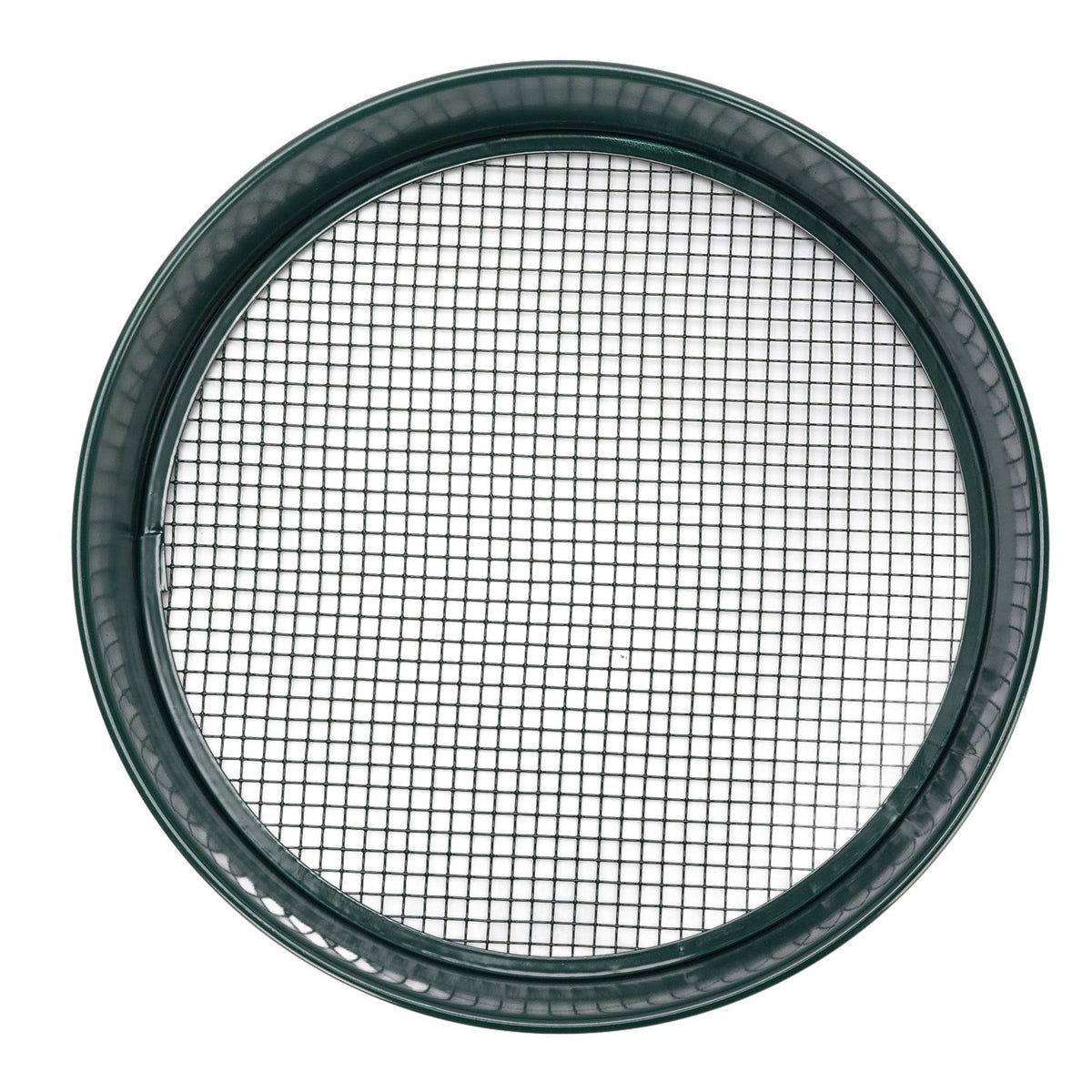 Dark green garden soil sieve with interchangeable mesh sizes (3mm, 6mm, 9mm, 12mm) for plant soil sifting and gardening.