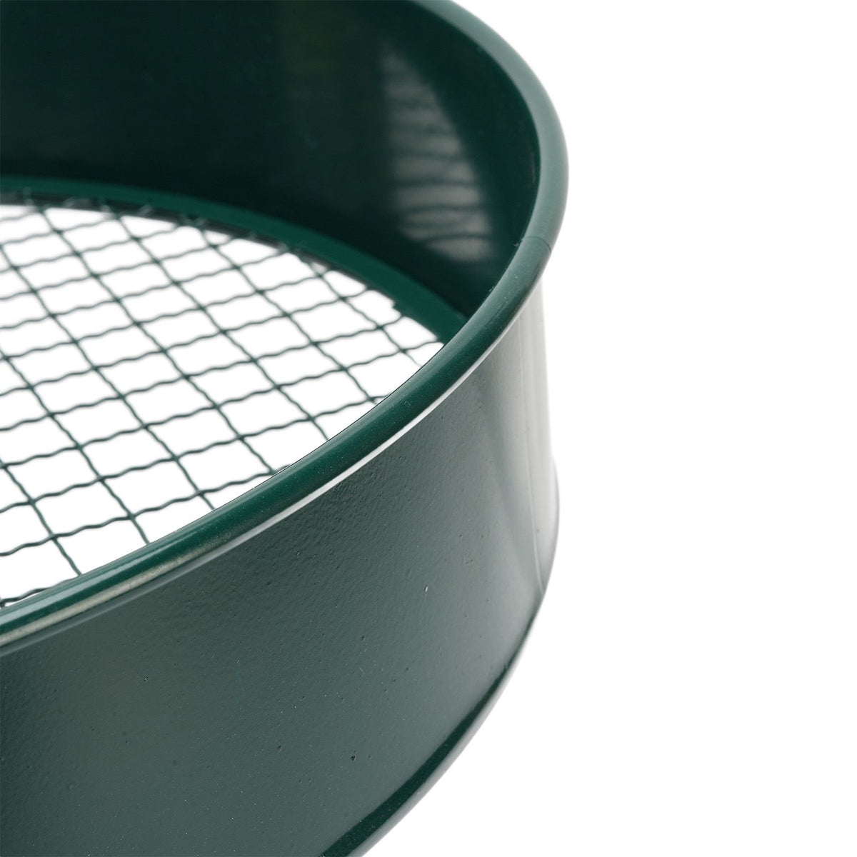 Dark green garden soil sieve with interchangeable mesh sizes (3mm, 6mm, 9mm, 12mm) for planting and outdoor gardening tasks.