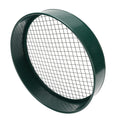 Dark green garden soil sieve with interchangeable 3mm, 6mm, 9mm, and 12mm mesh sizes for gardening and planting tasks.