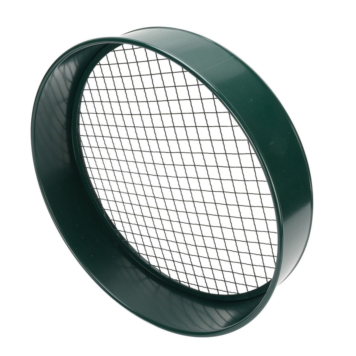 Dark green garden soil sieve with interchangeable 3mm, 6mm, 9mm, and 12mm mesh sizes for gardening and planting tasks.