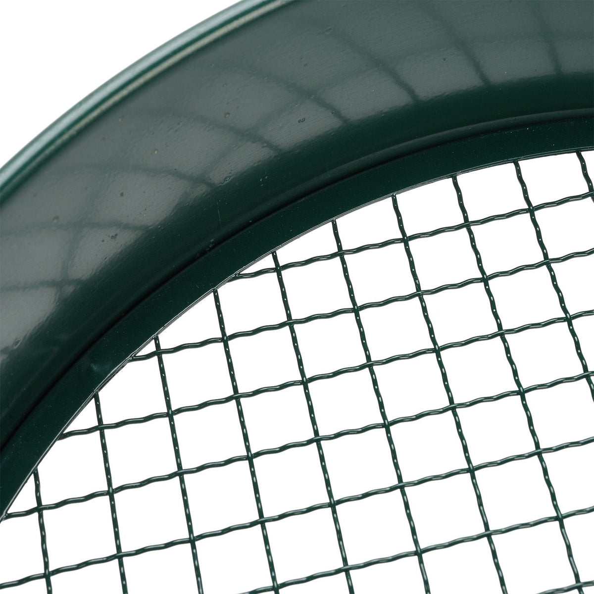 Dark green garden soil sieve with interchangeable mesh sizes 3mm, 6mm, 9mm, and 12mm for garden riddle and planting soil.